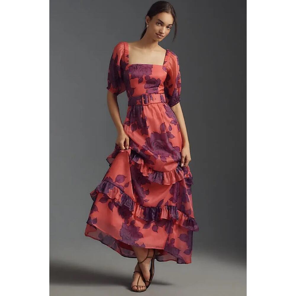 Hutch Women's Puff Sleeve Ruffle Midi Dress Purple Floral Size Medium Petite NWT